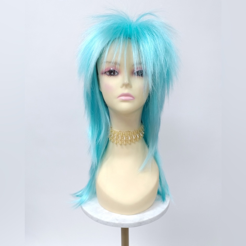 Blue Long Spiky 80s Punk Mullet Rockstar Costume Wig